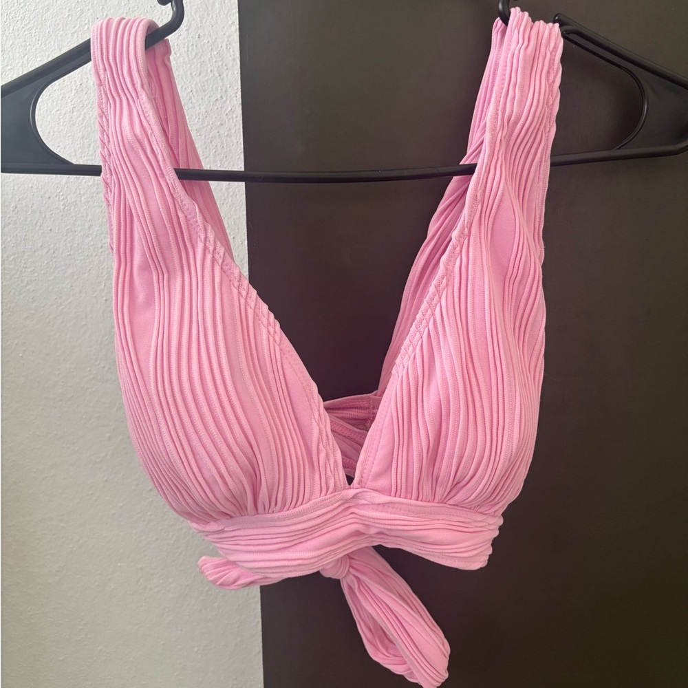 Pink Ribbed Tie-Front Bikini Top - Pastel Pink - Size M